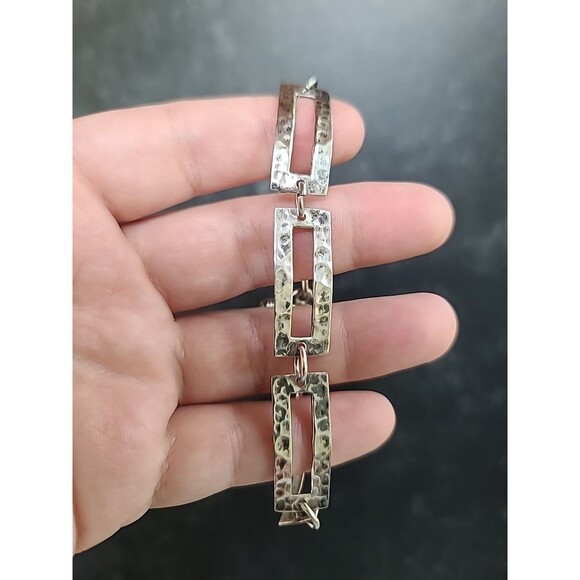 925 Sterling Hammered Silver Link Bracelet Vintage Toggle Closure - Picture 2 of 10